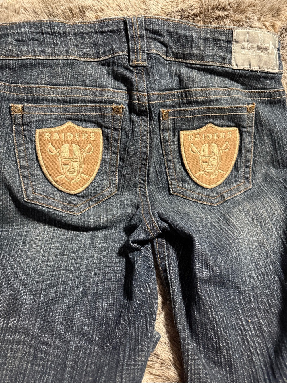 Touch by Alyssa Milano Dark Blue Straight Leg Jeans with Tan Raiders Patch - Picture 2 of 4